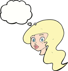 cartoon pretty female face with thought bubble