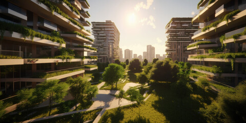 Obraz premium A Sustainable Residential District in Sunlight. Generative AI