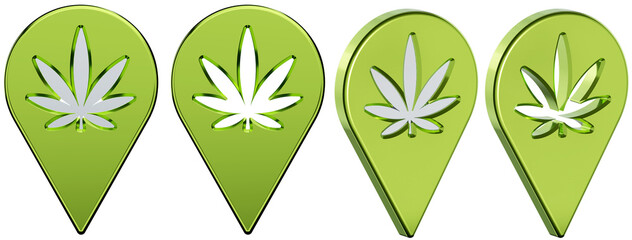 the map pointer icon, location tag, location icon with weed shape inside, for guiding smokers.