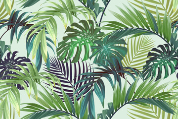 Tropical pattern with green palm leaves. Summer vector background or textile illustration. - 586684974