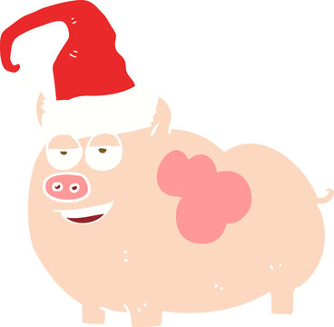 flat color illustration of a cartoon christmas pig