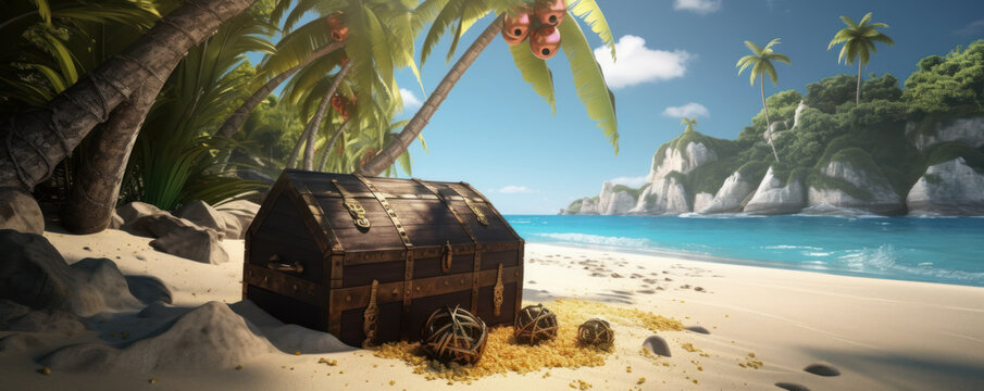 Tropical trees and an island beach with an unlocked pirate chest. Treasure of the Exotic Island. Generative AI