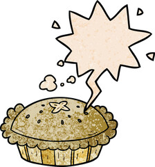 hot cartoon pie fresh out of the oven and speech bubble in retro texture style