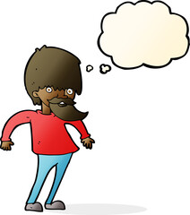 cartoon bearded man shrugging shoulders with thought bubble