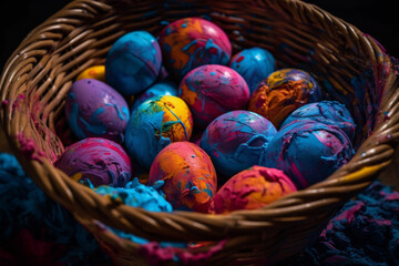 Fototapeta na wymiar Colorful painted Easter eggs in wicker basket