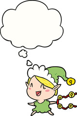 cartoon happy christmas elf and thought bubble