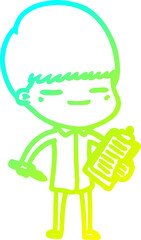 cold gradient line drawing cartoon smug boy with clip board