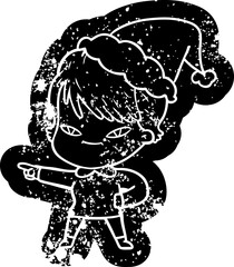 cartoon distressed icon of a happy woman wearing santa hat