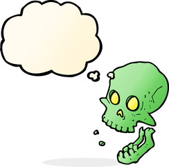 cartoon laughing skull with thought bubble