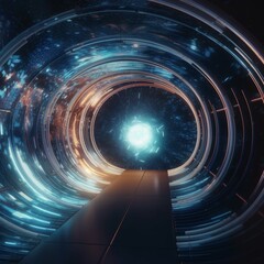 Retro sci-fi light tunnel through space wormhole with nebula, light-speed travel, blue electric, 3D render, cinematic, long tube-like wormhole.Generative AI