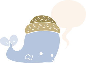 cartoon whale wearing hat and speech bubble in retro style