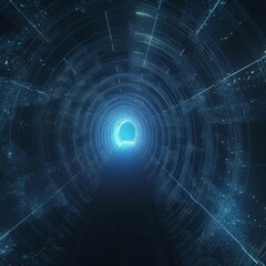 Retro sci-fi light tunnel through space wormhole with nebula, light-speed travel, blue electric, 3D render, cinematic, long tube-like wormhole. Generative AI