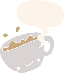 cartoon cup of coffee and speech bubble in retro style