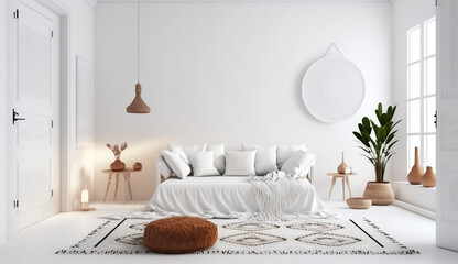 Minimalist living room with furniture and potted plant. Minimalist room with bohemian styles.