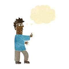 cartoon nervous man waving with thought bubble