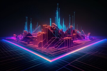 Neon Gridlines: 1980s Synthwave Low Poly Art with Futuristic Grids. Generative AI