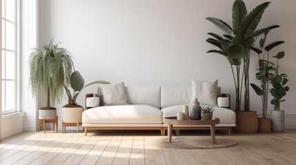 Minimalist living room with furniture and potted plant. Minimalist room with bohemian styles.