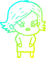 cold gradient line drawing cartoon stressed woman