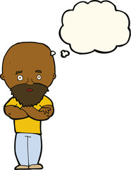 cartoon shocked bald man with beard with thought bubble