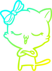 cold gradient line drawing cartoon cat with bow on head