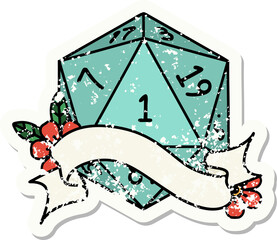 natural one d20 dice roll grunge sticker