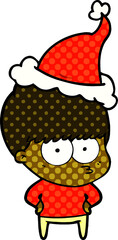 nervous comic book style illustration of a boy wearing santa hat
