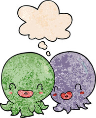 two cartoon octopi  and thought bubble in grunge texture pattern style