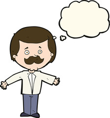 cartoon mustache man with open arms with thought bubble