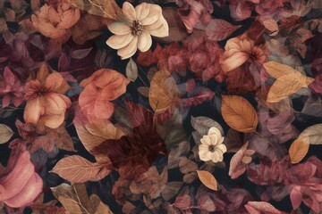 a texture using layers of dried and preserved flowers on a canvas surface, featuring a romantic and vintage effect, seamless pattern Generative AI