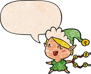 cartoon happy christmas elf and speech bubble in retro texture style