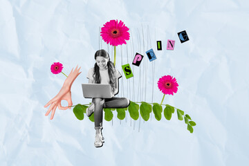 Exclusive magazine picture sketch collage image of happy funny small little lady ordering spring...