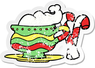 distressed sticker of a cartoon christmas cocoa