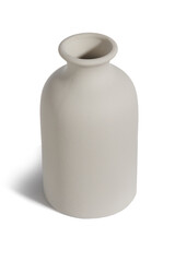 Close-up shot of a beige ceramic scandinavian vase. An empty bottle vase with a narrow neck is...