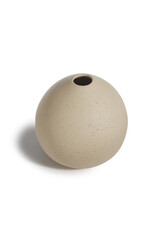 Close-up shot of a beige ceramic scandinavian vase. An empty small vase with a narrow neck is isolated on a white background. Home decor element. Top view.