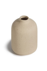 Close-up shot of a beige ceramic scandinavian vase. An empty bottle vase with a narrow neck is isolated on a white background. Home decor element. Top view.