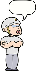 cartoon security guard with speech bubble