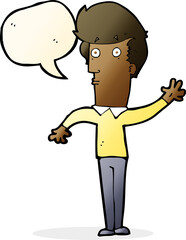 cartoon nervous man waving with speech bubble
