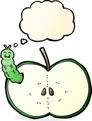 cartoon bug eating apple with thought bubble