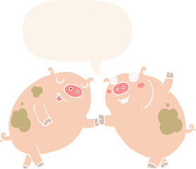 cartoon pigs dancing and speech bubble in retro style