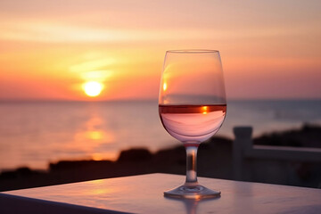 glass of pink wine on table at sunset by sea