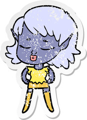 distressed sticker of a pretty cartoon elf girl