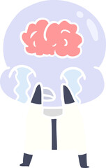 flat color style cartoon big brain alien crying