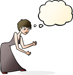 cartoon woman in dress gesturing with thought bubble
