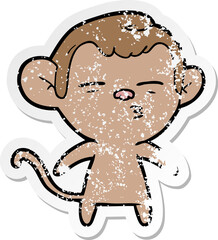 distressed sticker of a cartoon suspicious monkey