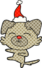comic book style illustration of a dog kicking wearing santa hat