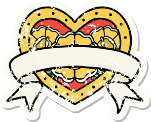 traditional distressed sticker tattoo of a heart and banner with flowers