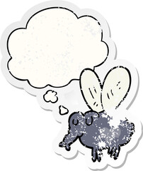 cartoon fly and thought bubble as a distressed worn sticker