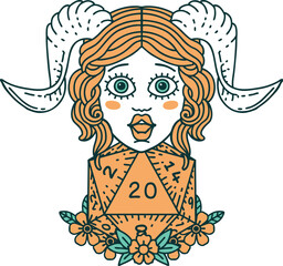 tiefling with D20 natural twenty dice roll illustration