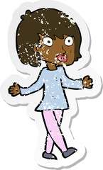 retro distressed sticker of a cartoon woman with open arms