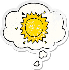 cartoon sun and thought bubble as a distressed worn sticker